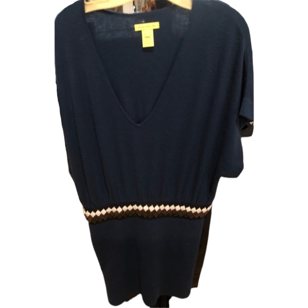 Cathrine Malandrino size large navy V-neck ,knit dress ,bead belted look